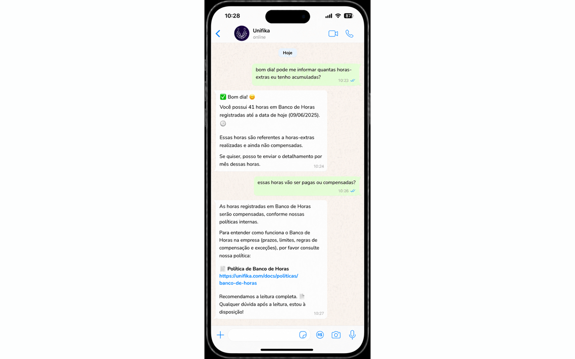 Conversa no WhatsApp: colaborador pergunta o saldo do banco de horas e recebe a resposta com a política da empresa