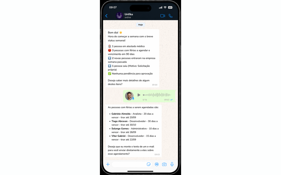 Resumo semanal no WhatsApp com atestados, férias a vencer, entradas e saídas da equipe