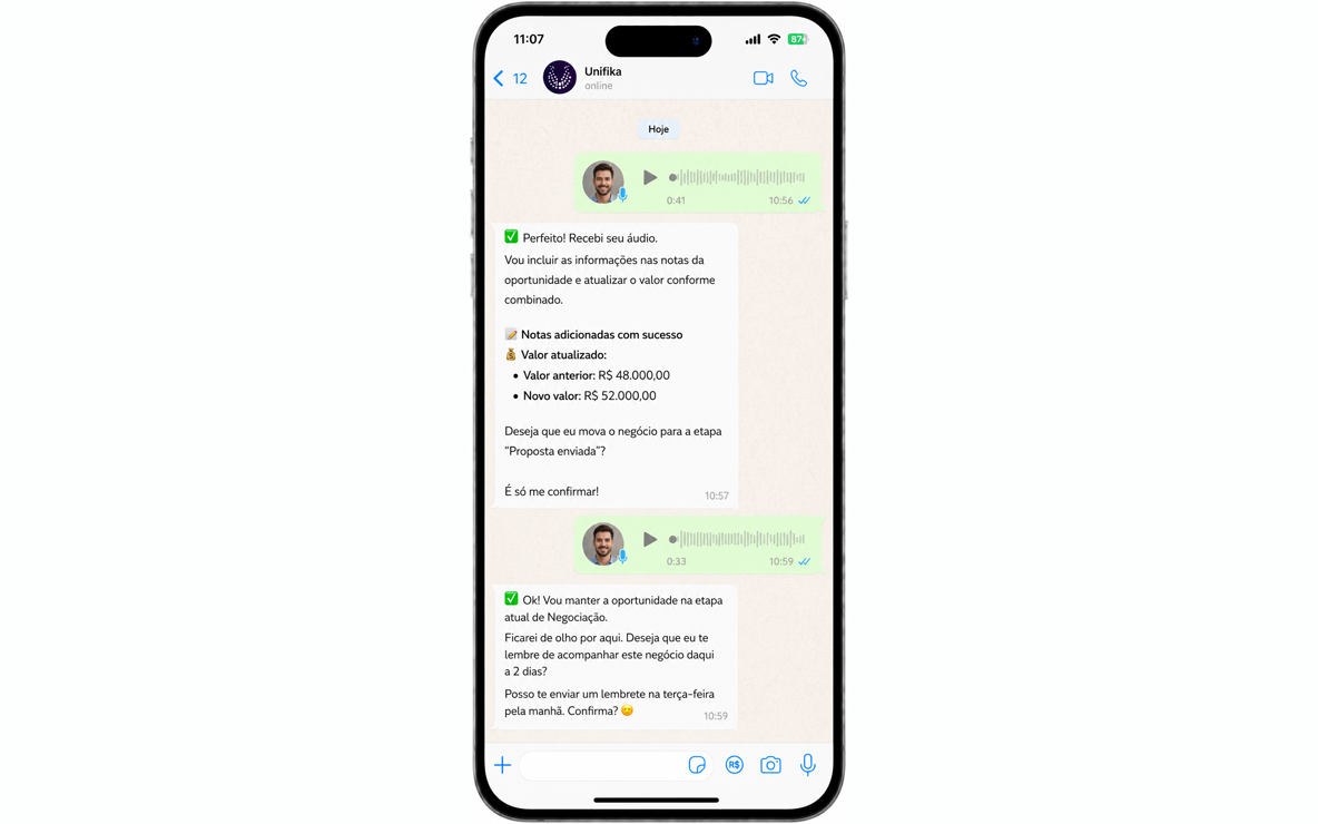 Conversa no WhatsApp com o Assistente de Vendas: áudio vira nota e atualização de valor no CRM