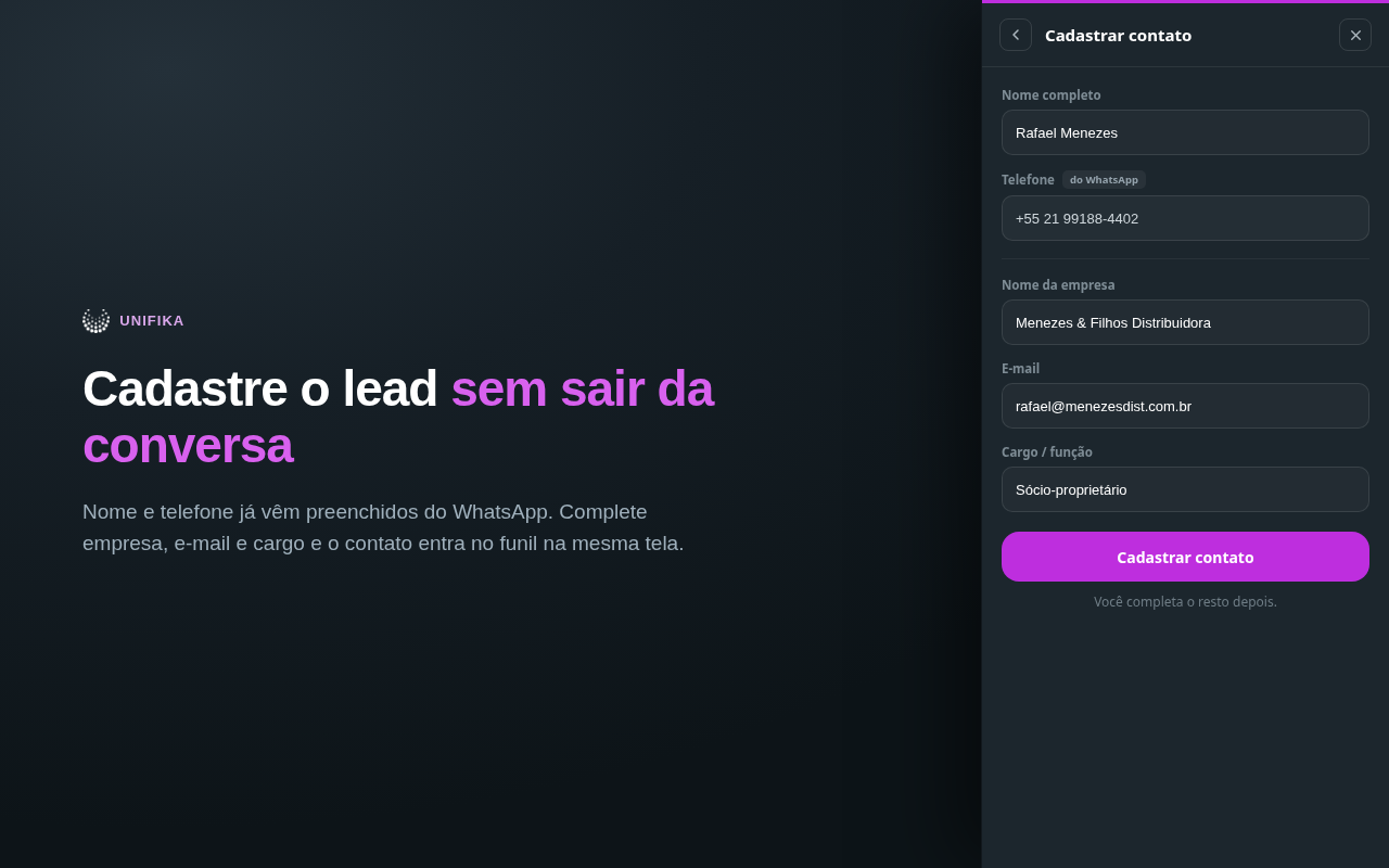 Formulário de cadastro de contato no painel, com nome e telefone preenchidos a partir do WhatsApp