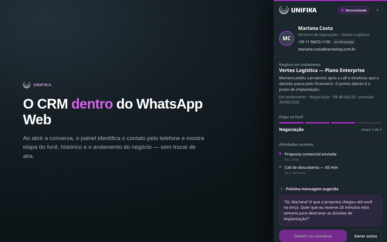 Painel da UNIFIKA no WhatsApp Web com contato, negócio, etapa do funil e atividades recentes do CRM
